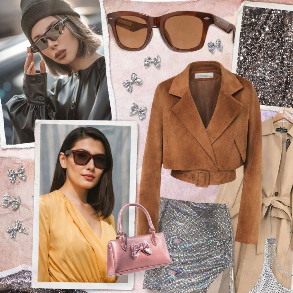 Collage featuring brown sunglasses, a yellow dress, and a suede jacket
