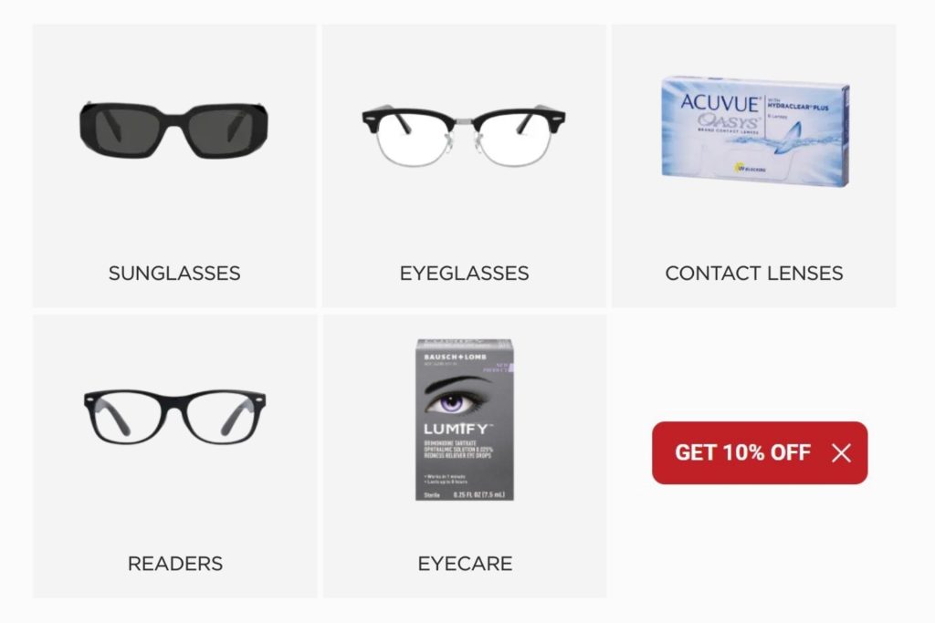 Get 10% off button next to eyewear