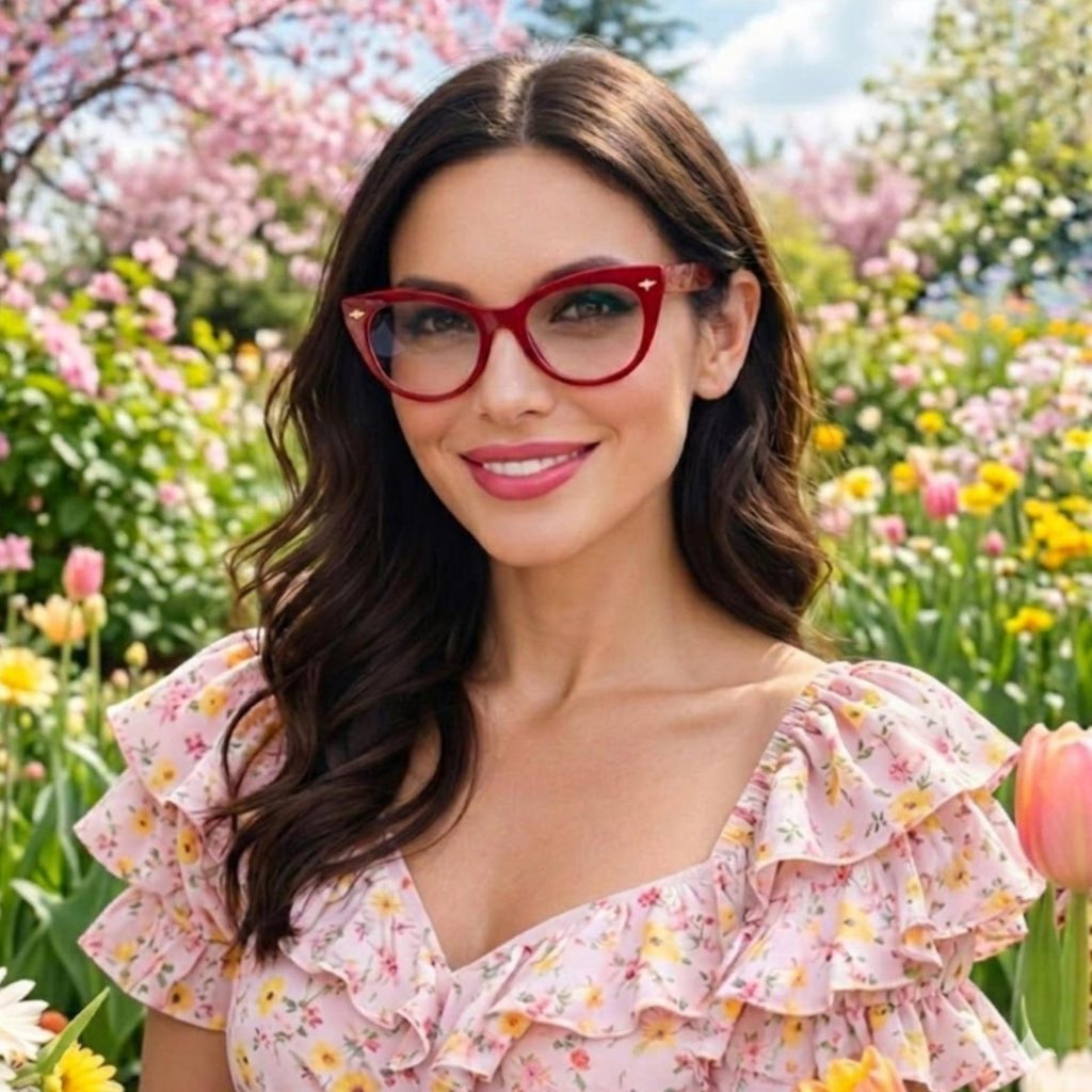 Woman in cat-eye glasses in garden