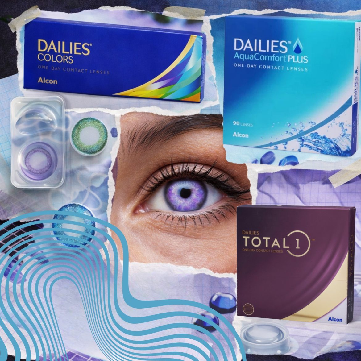 Collage of contact lenses and bright purple eye