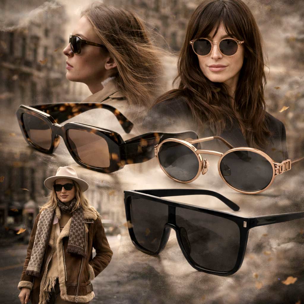 Collage of sunglasses and women wearing sunglasses