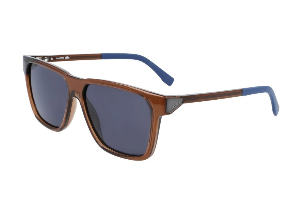 Lacoste L934S sunglasses featuring brown frames and blue lenses