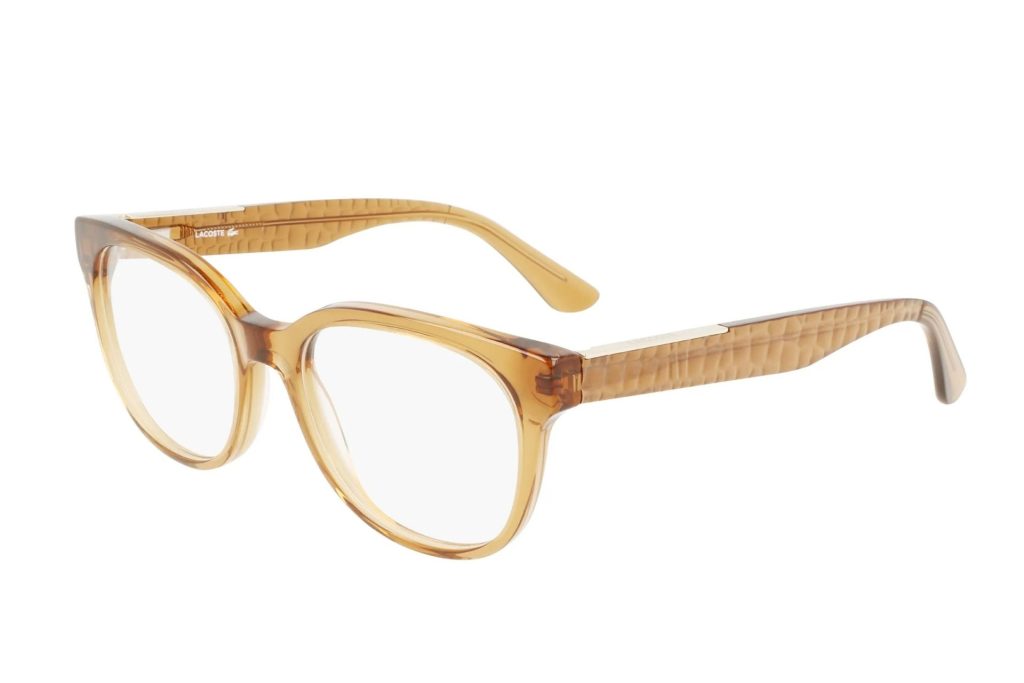 Lacoste L2901 eyeglasses featuring caramel transparent frames