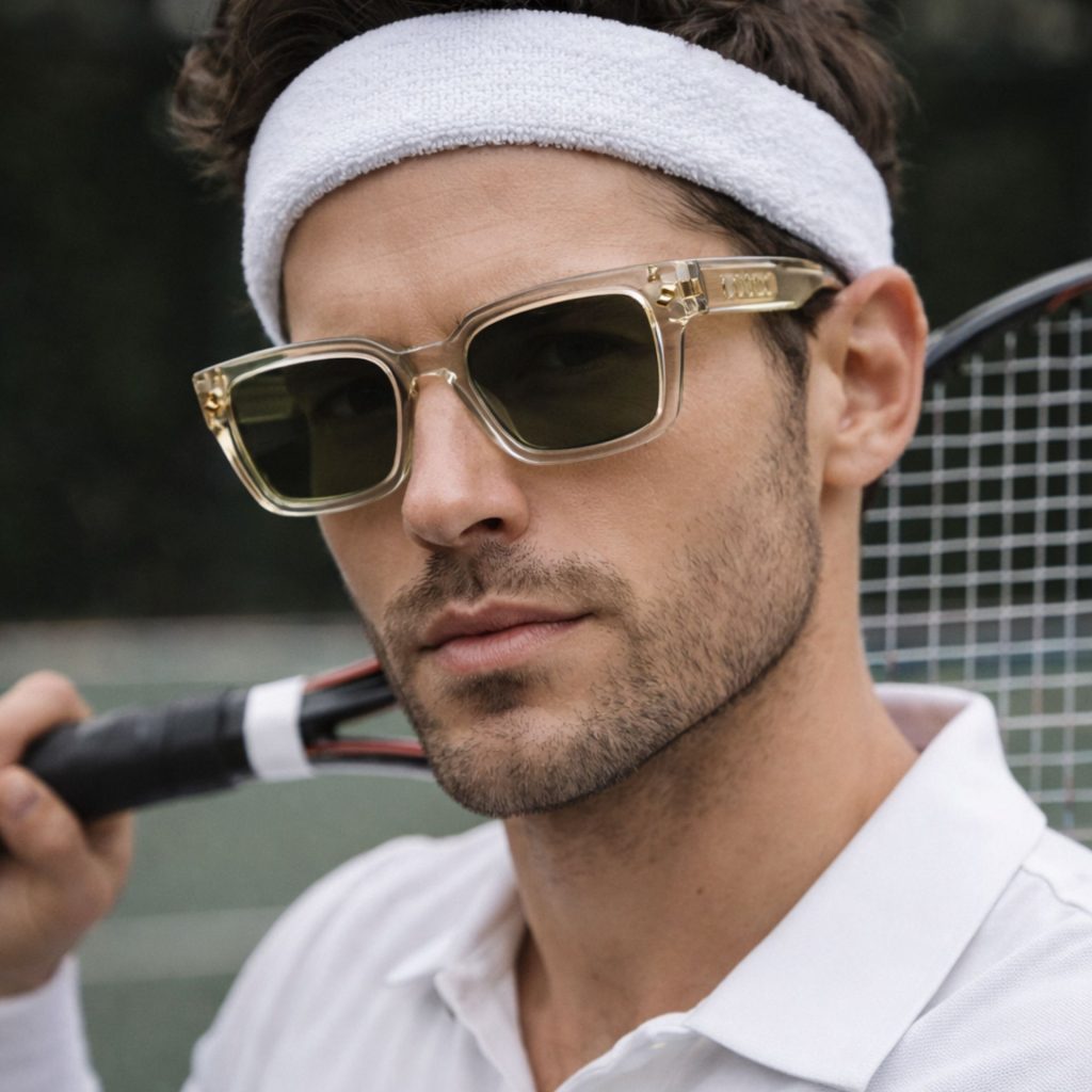 Man holding tennis racket and wearing Lacoste sunglasses
