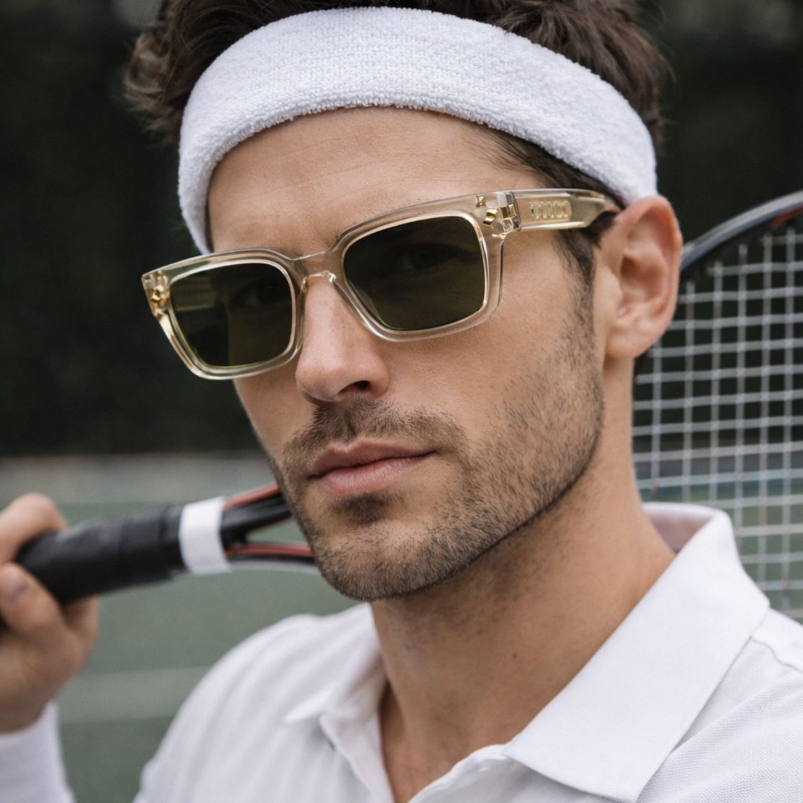Man Holding Tennis Racket and Wearing Lacoste Sunglasses Man holding tennis racket and wearing Lacoste sunglasses