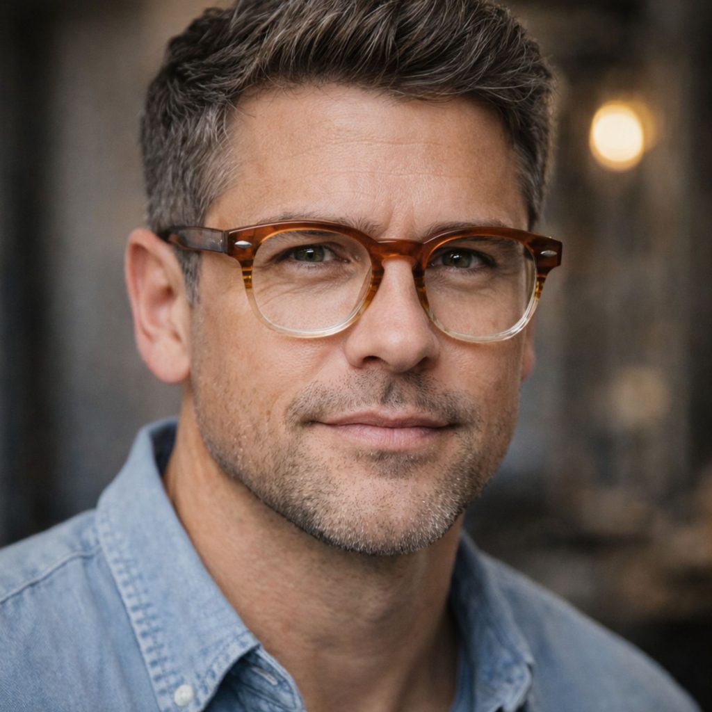 Man with square face wearing glasses