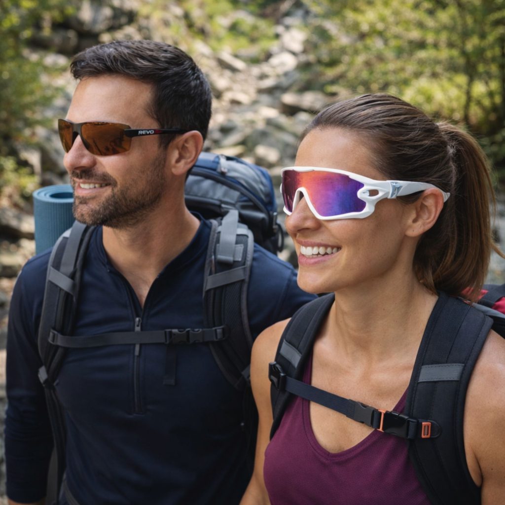 Man and woman hiking wearing sunglasses