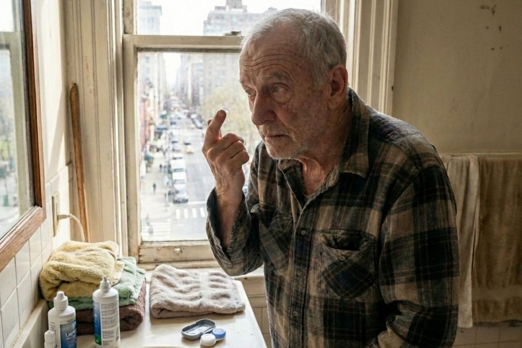 Older man puts in a contact lens