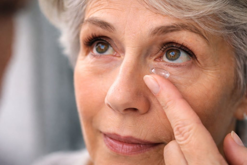 Older woman puts in a contact lens