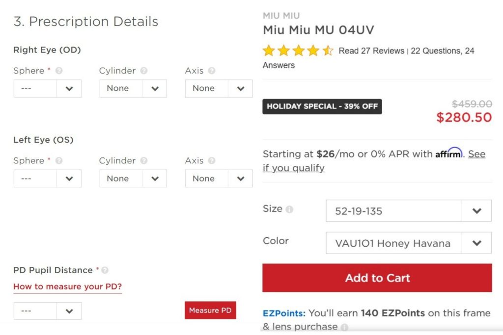 Prescription details on EZContacts