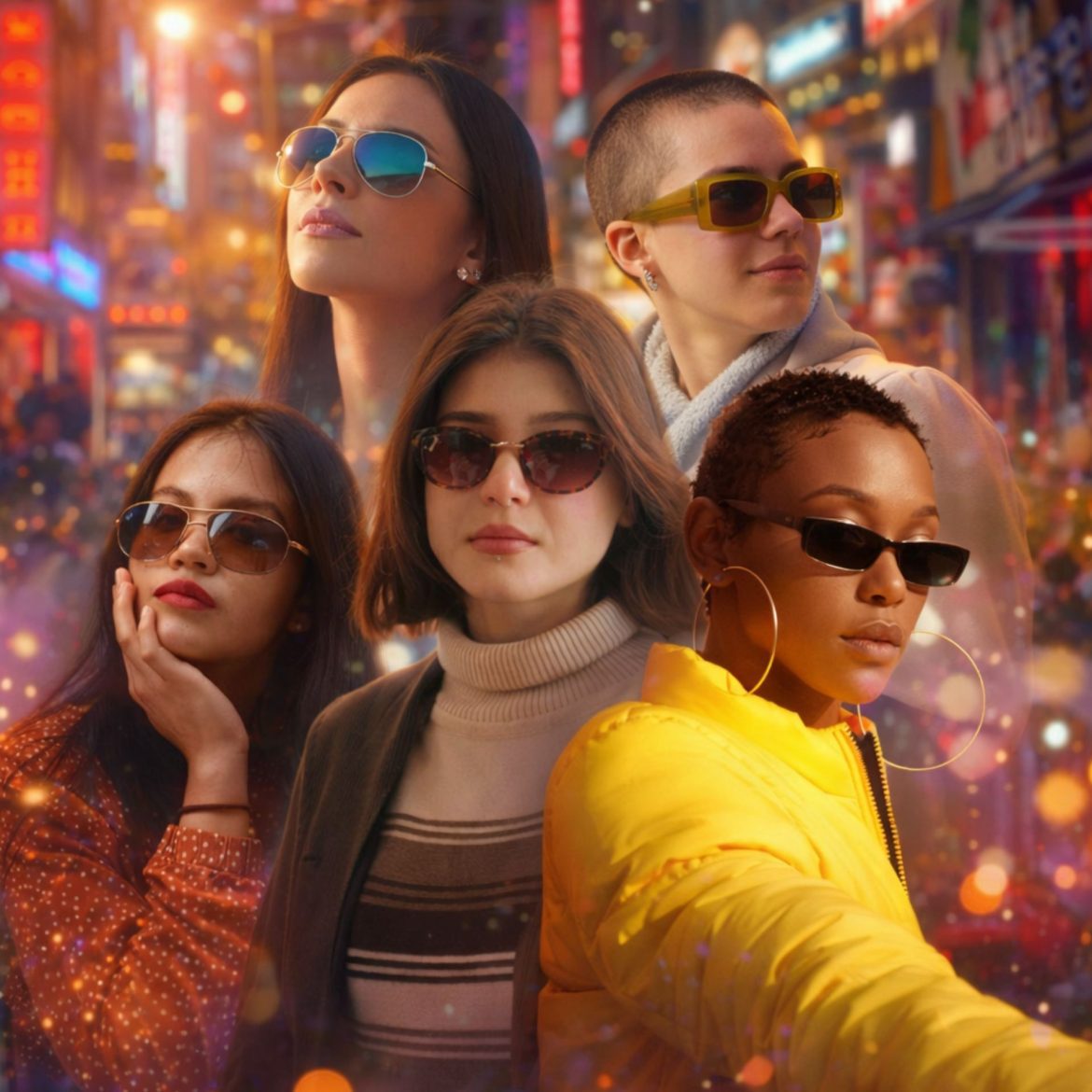 Collage of women with small faces wearing sunglasses