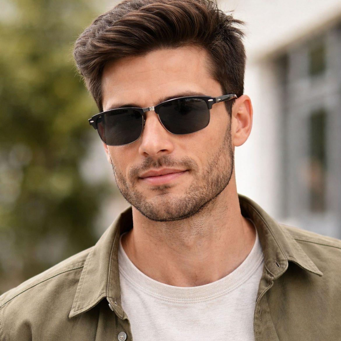 Man wearing clip-on sunglasses