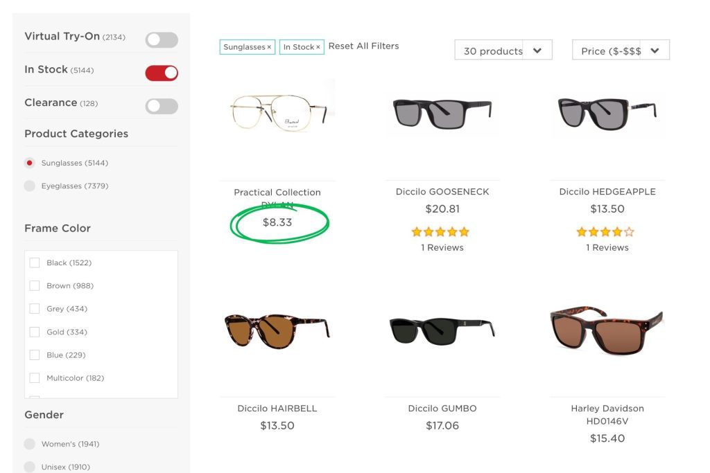 EZContacts sunglasses prices