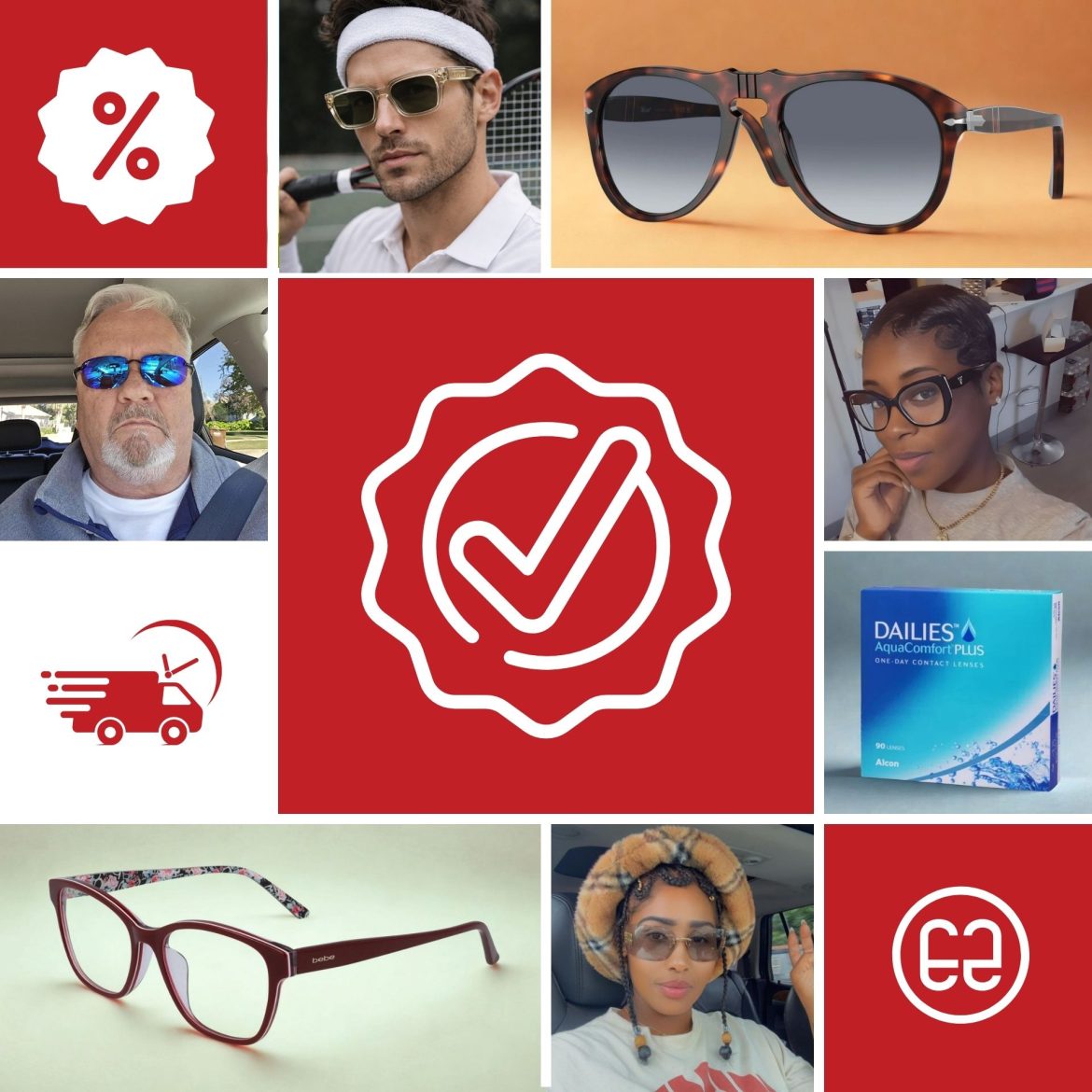 Collage featuring sunglasses, contact lenses, and EZContacts icons
