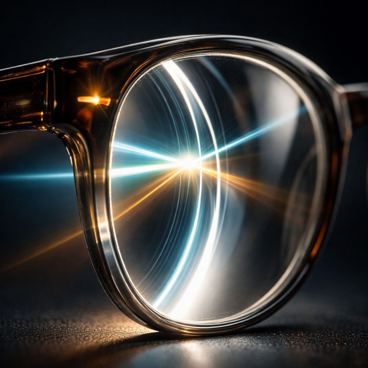 Close-up of thick glasses lens