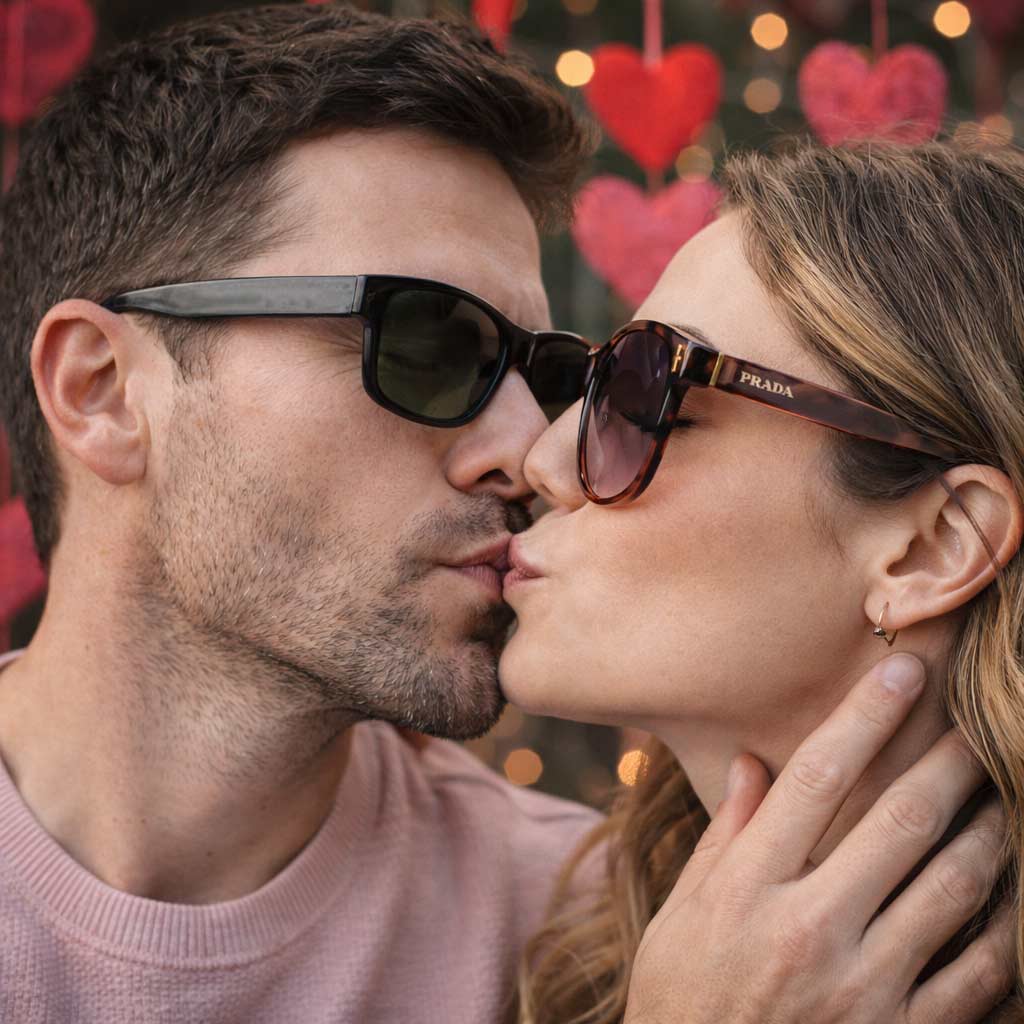 Man and woman kissing while wearing sunglasses
