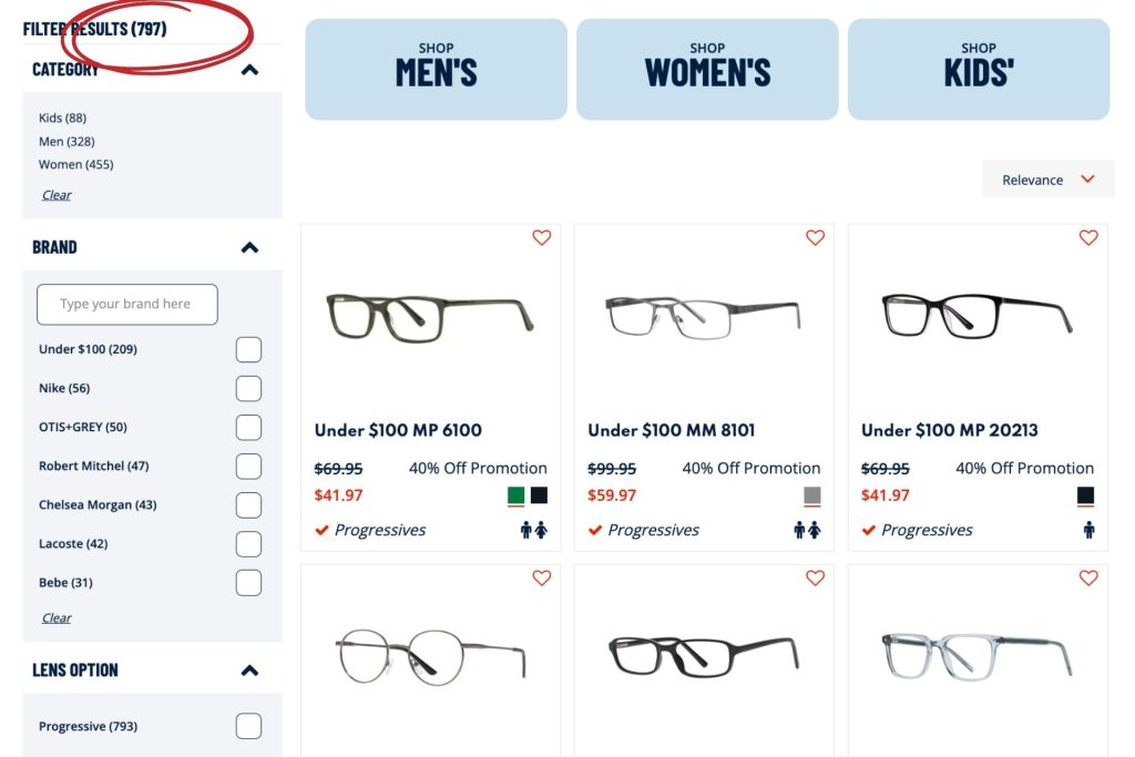 Number of eyeglasses at Visionworks