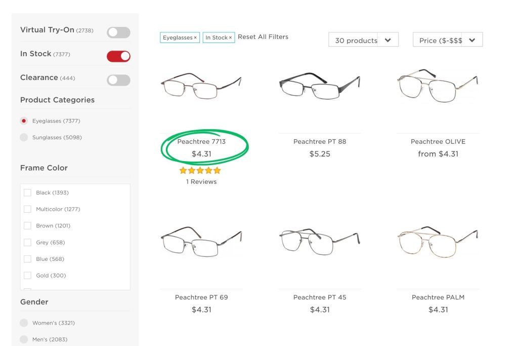 EZContacts eyeglasses page