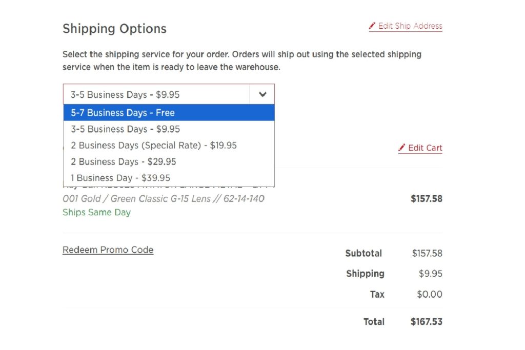 EZContacts shipping fees