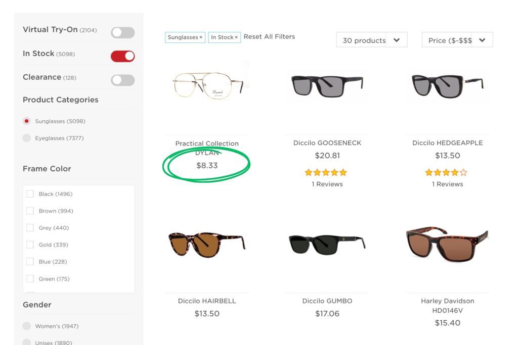 EZContacts sunglasses page