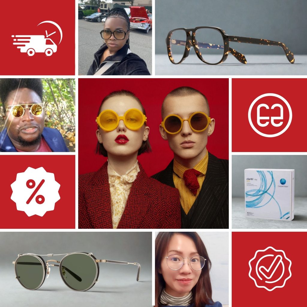 Collage of sunglasses, eyeglasses, and EZContacts icons