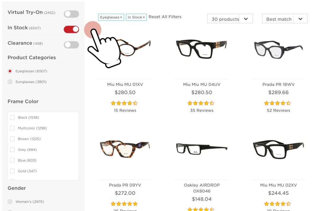 EZContacts glasses page featuring filters