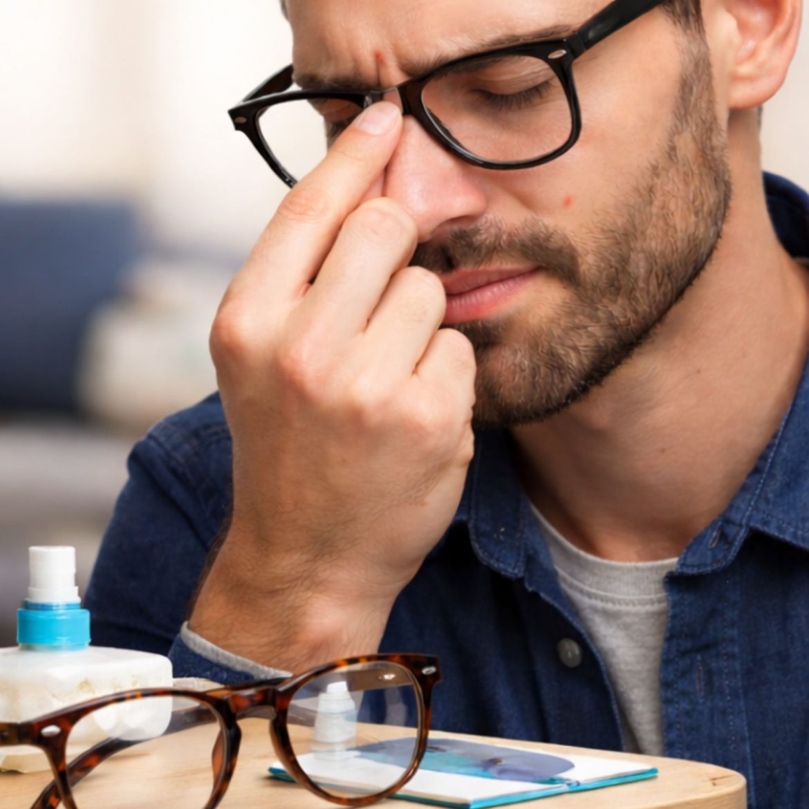 Man wearing glasses pinches his nose