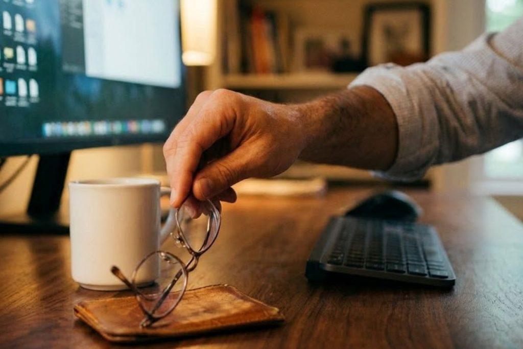 Man sitting in front of a computer holding glasses