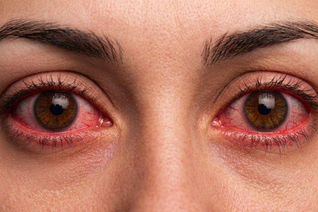 Close-up of woman with red eyes