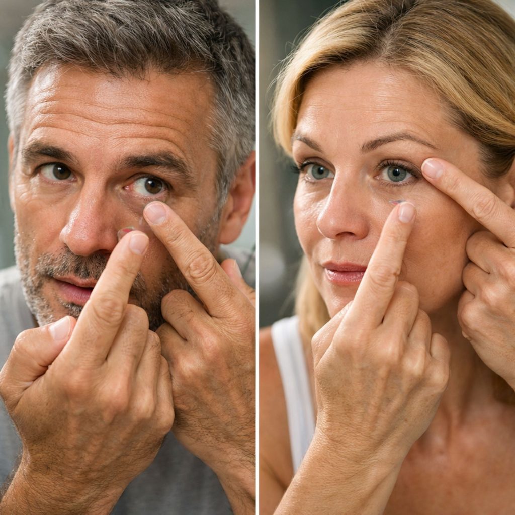 Woman and man put in contact lenses