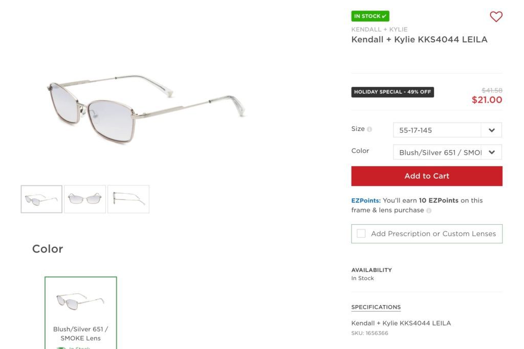 Kendall + Kylie KKS4044 sunglasses page at EZContacts