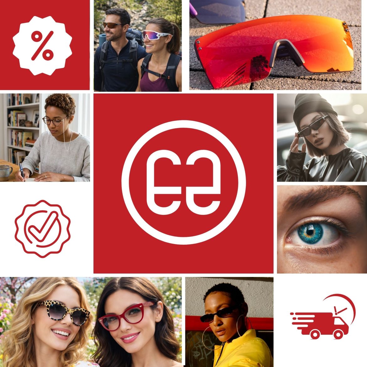 Collage featuring EZContacts symbol, a blue eye, and women wearing sunglasses