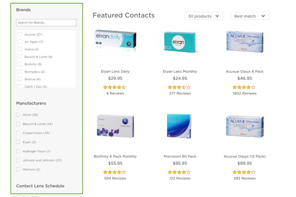 Contact lens filters on EZContacts