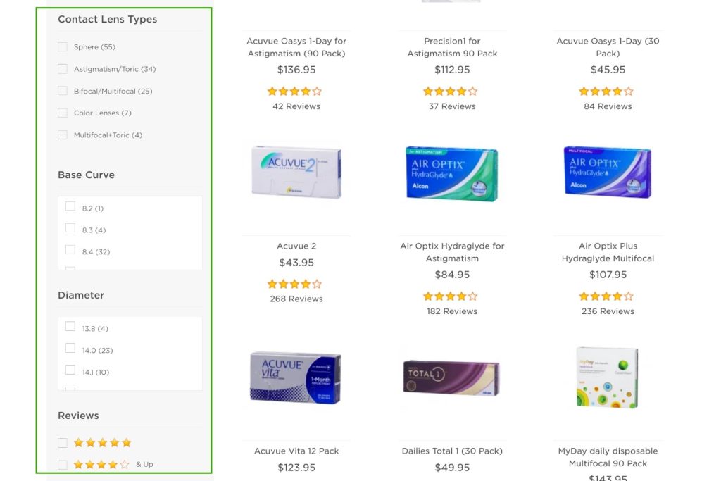 Contact lens filters on EZContacts