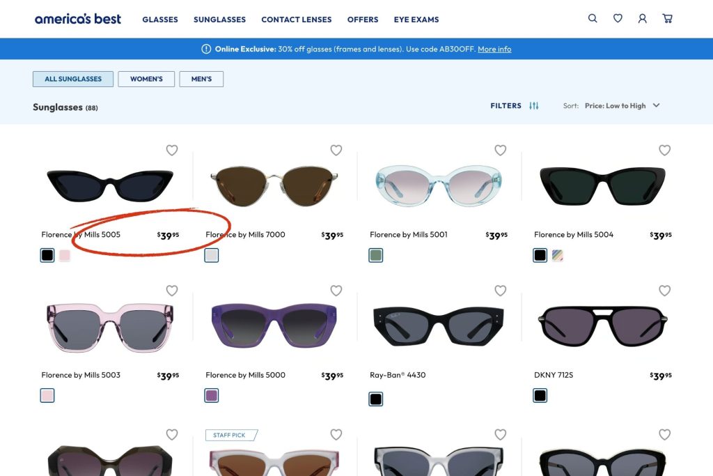 Price of sunglasses at America's Best