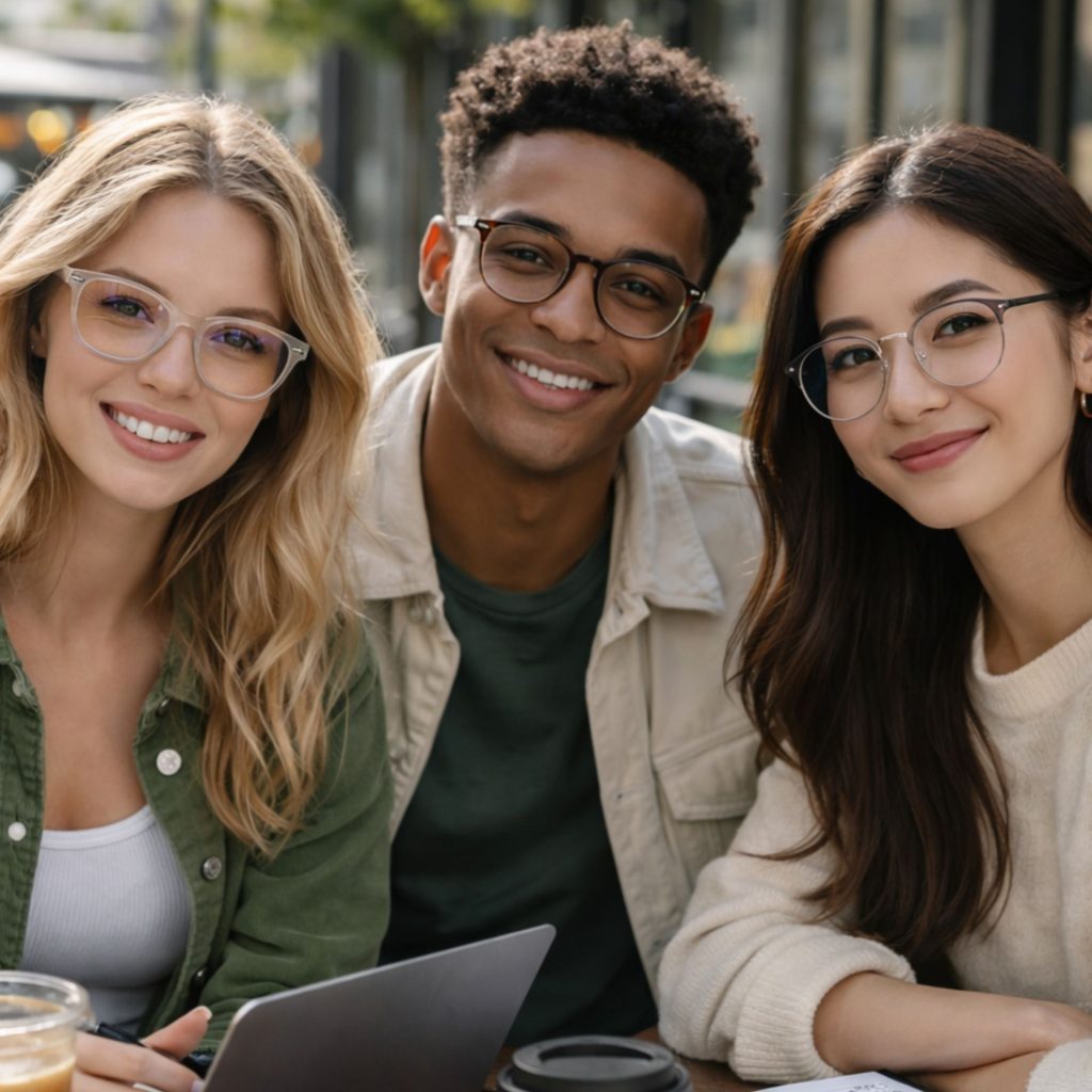 Man and two women smiling and wearing glasses