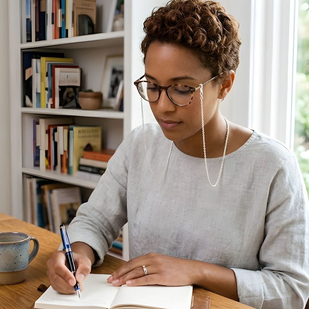 Woman writing in a journal wearing a gold eyeglass chain
