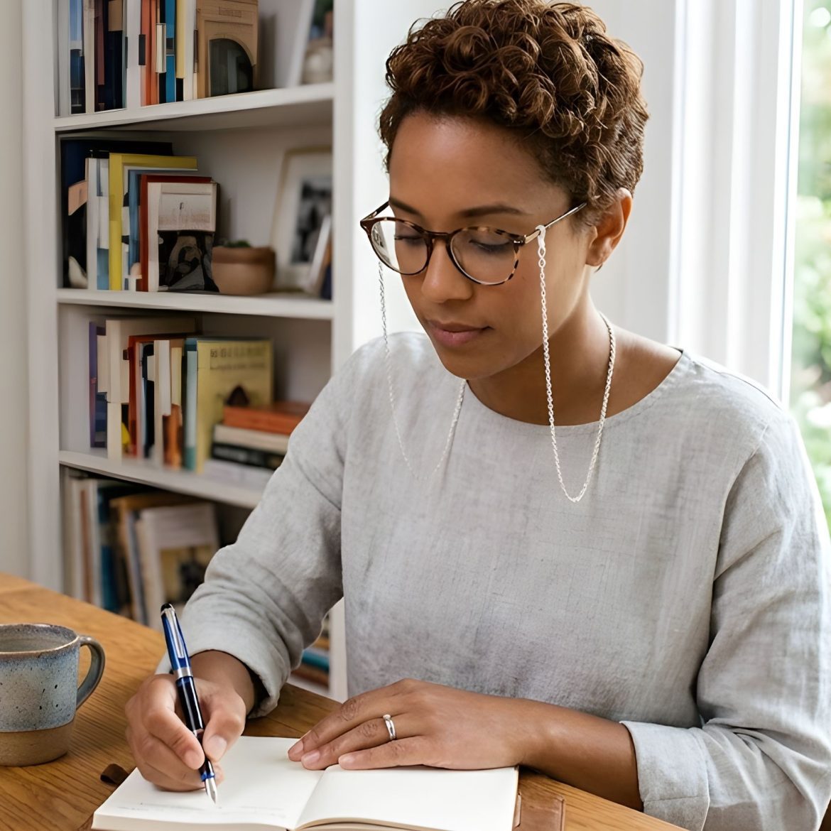Woman writing in a journal wearing a gold eyeglass chain