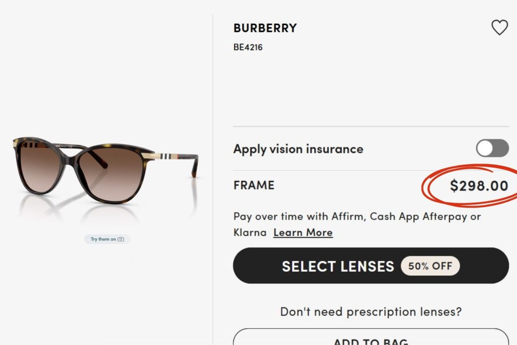 Burberry BE4216 sunglasses page on LensCrafters