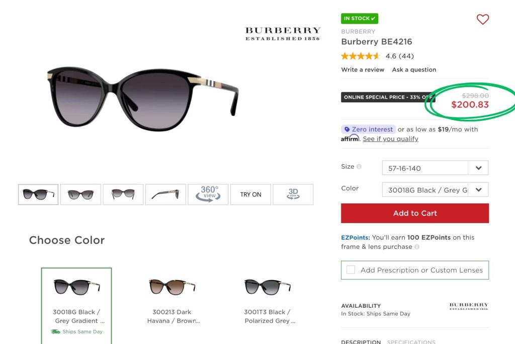 Burberry BE4216 sunglasses page on EZContacts