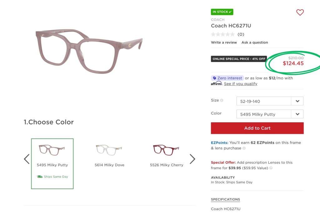 Coach HC6271U glasses page on EZContacts