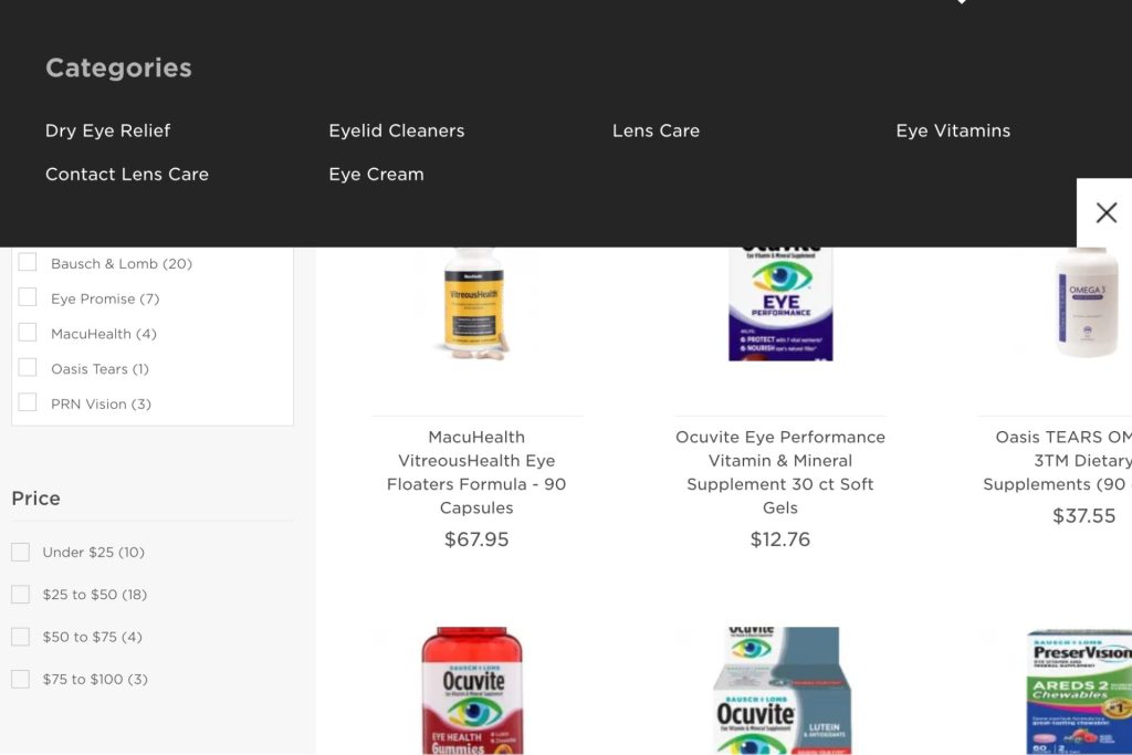 Eyecare products page at EZContacts