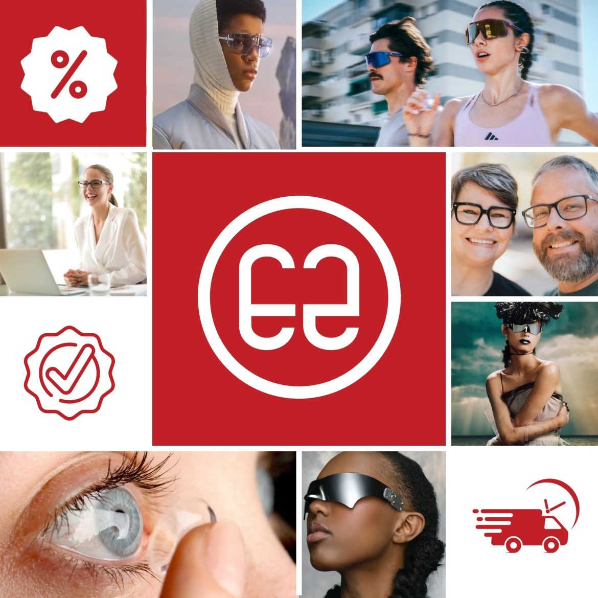 Collage featuring people wearing sunglasses, EZContacts symbols, and person putting in contact