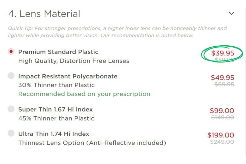 Lens options at EZContacts