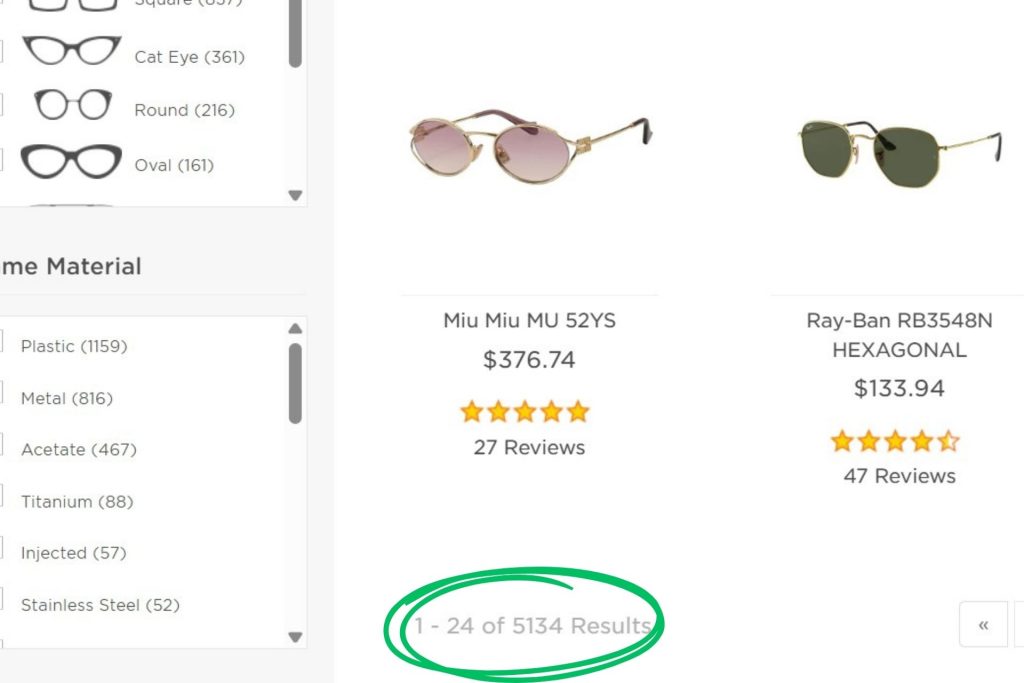 Number of sunglasses at EZContacts