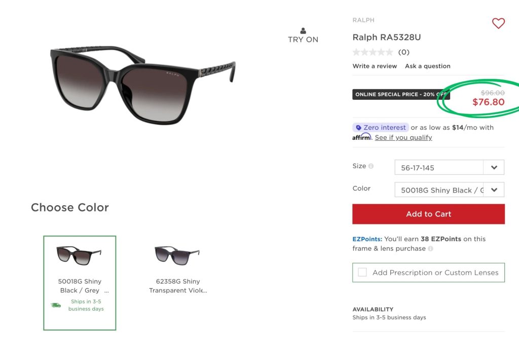 Ralph Lauren RA5328U sunglasses page on EZContacts