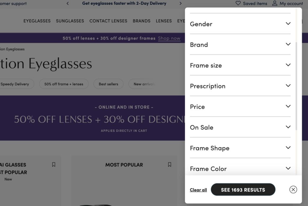 Glasses filters at LensCrafters