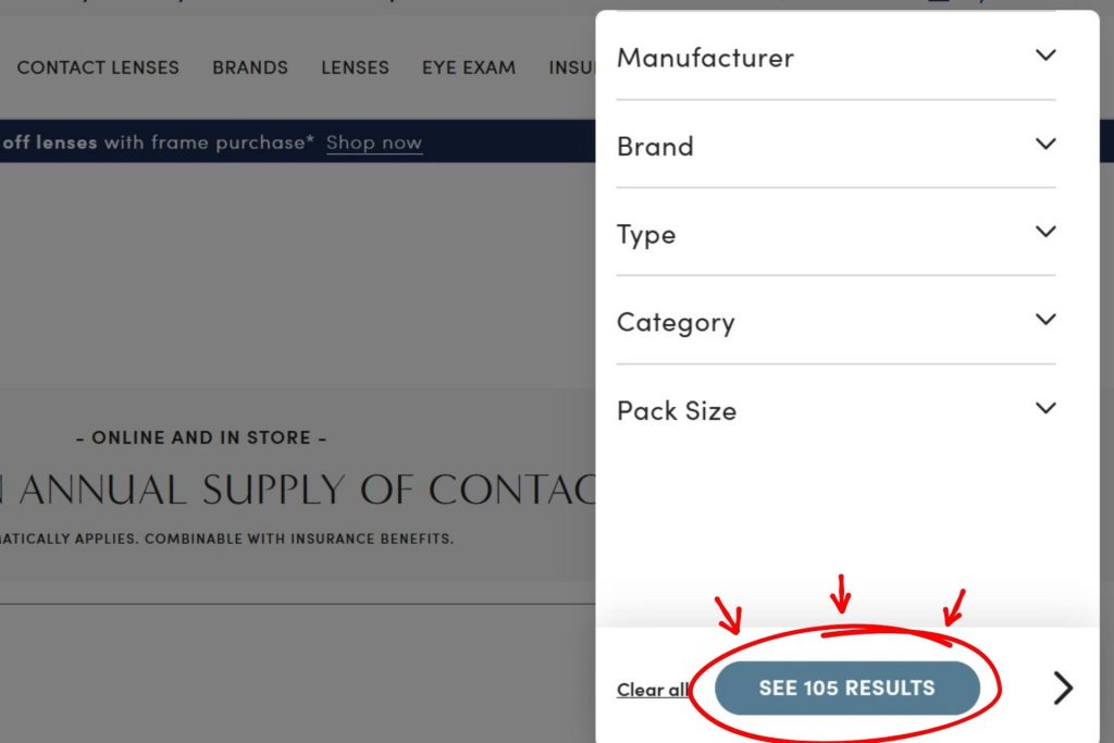 Number of contact lenses at LensCrafters