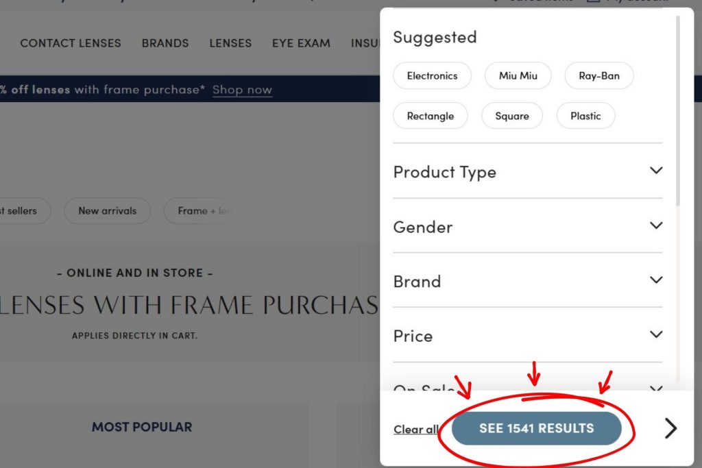 Number of eyeglasses at LensCrafters