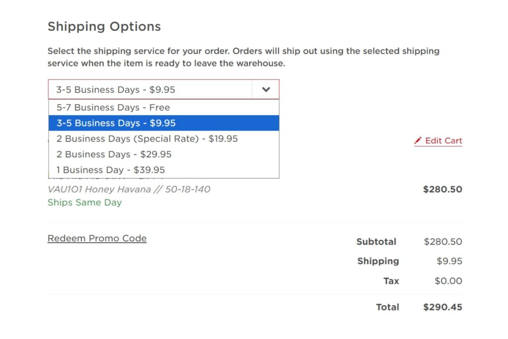 Shipping options page on EZContacts
